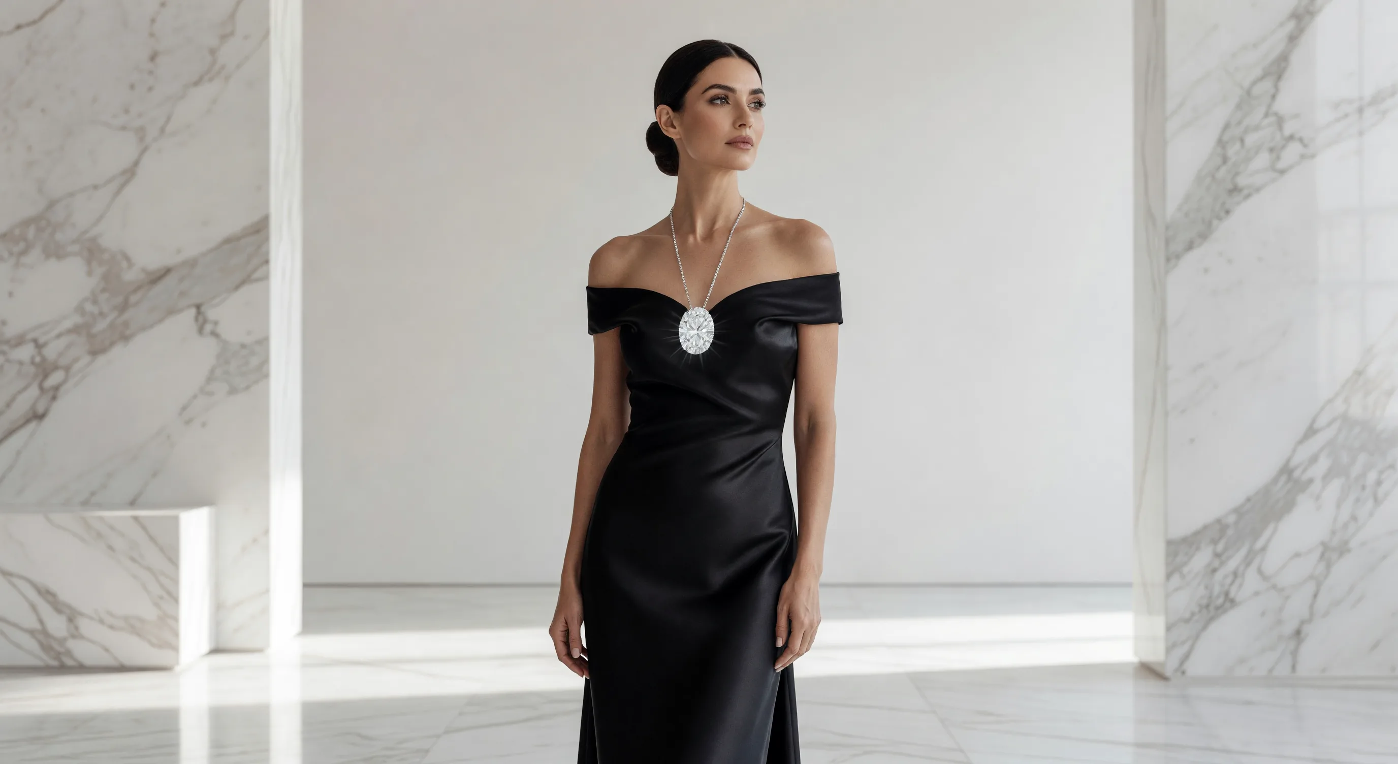 Elegant woman wearing a stunning MysticShoreHaven diamond necklace