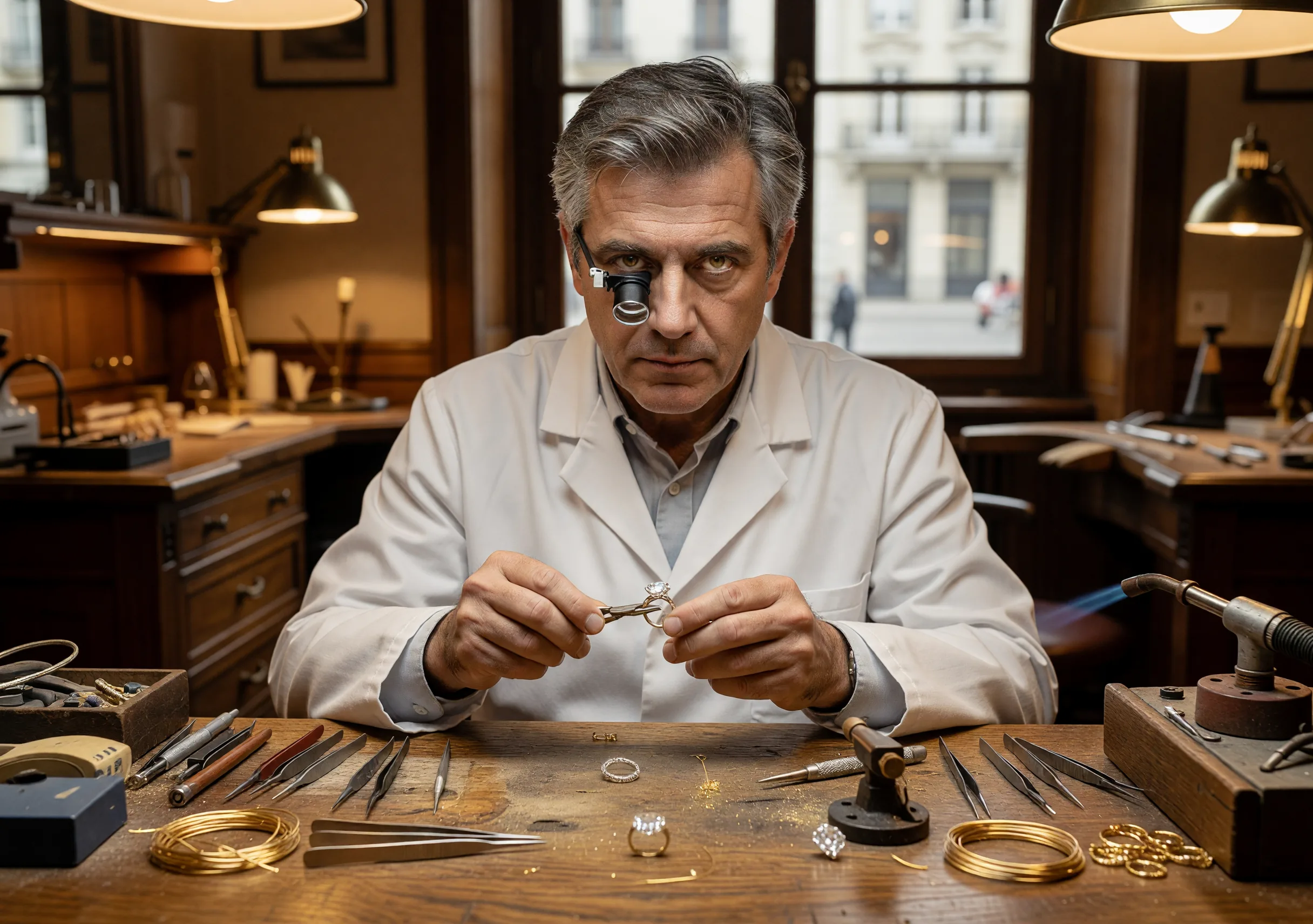 Master jeweler crafting at the MysticShoreHaven atelier in Geneva